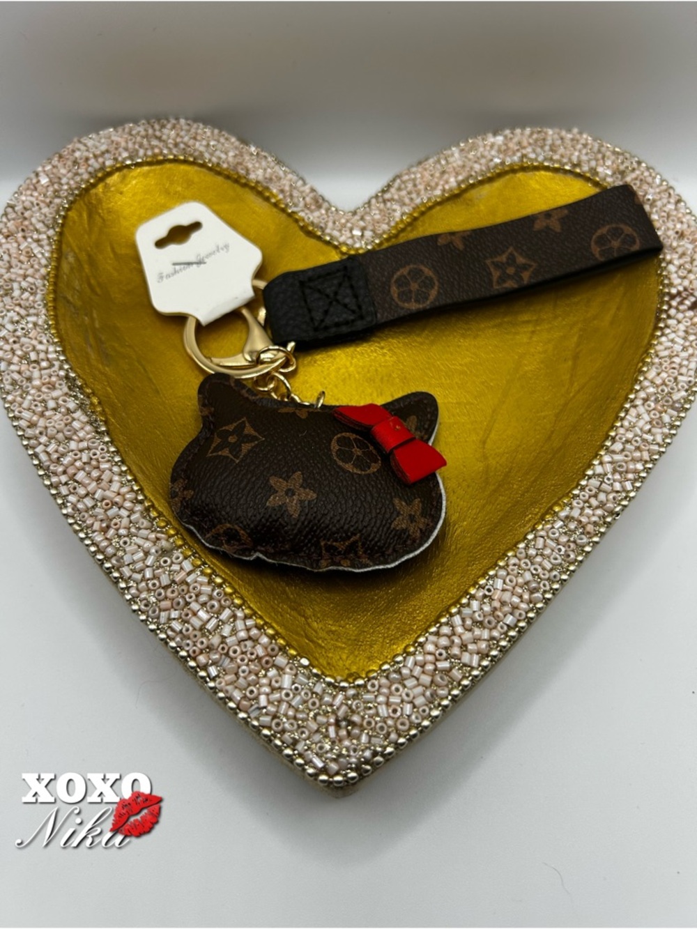 Monogram Cat Kitty Keychain Wristlet Dark Brown with Red Bow